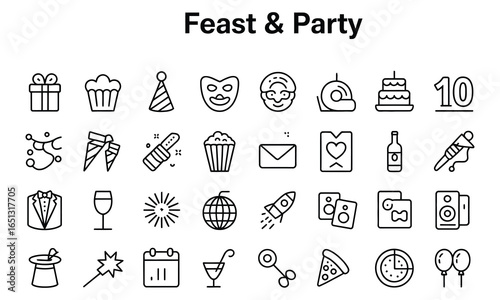 Set of 30 minimalist feast and party icons including gifts, cake, wine, balloons, fireworks, disco, pizza, cocktail, music, and celebration symbols