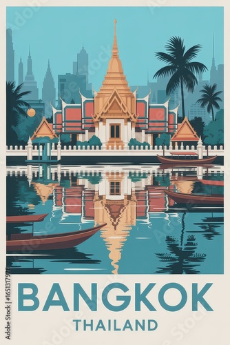 Vintage Travel Poster of Bangkok Thailand Skyline  
