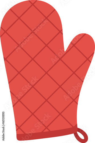 A single red quilted oven mitt with a loop for hanging isolated on a white background representing kitchen safety and cooking