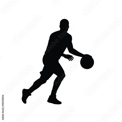 Silhouette of basketball player dribbling black white