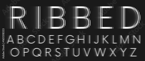 Alphabet with ribbed glass effect. Geometric typography set with thin capital letters distorted by vertical ribbing. Creative sans serif font with distortion through glass. Vector illustration