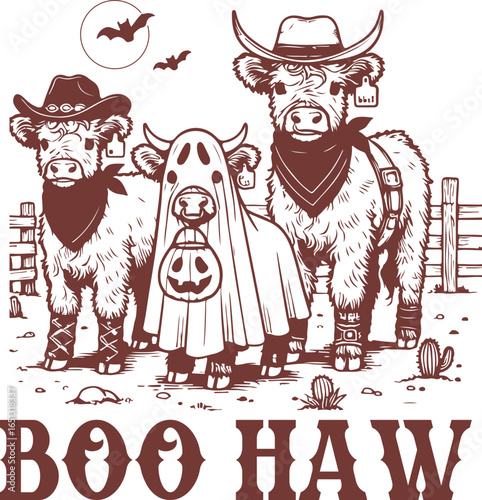 Boo Haw – Cute Highland cows dressed in ghost costumes with cowboy hats and bats, funny Halloween farm design with western pun style