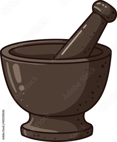 A traditional dark brown mortar and pestle set a classic tool for grinding herbs and spices depicted on a white background