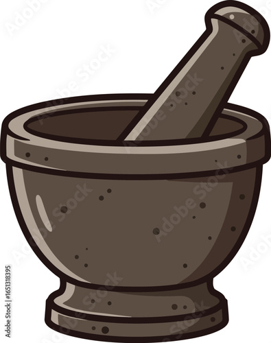 A simple cartoon illustration of a brown stone mortar and pestle used for grinding herbs and spices in a kitchen or laboratory setting