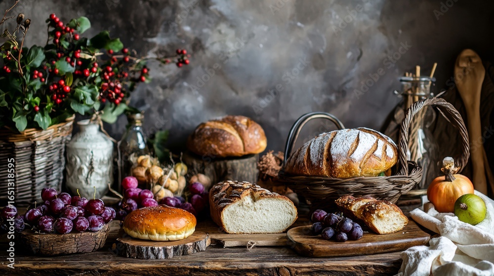 Fototapeta premium Rustic still life table with bread fruit and vintage props for food styling photography autumn harvest farmhouse lifestyle visuals concept