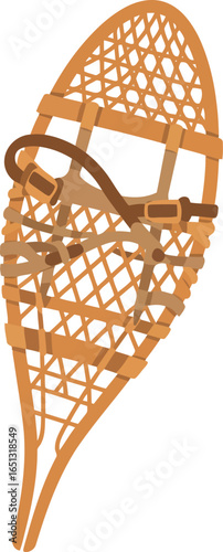 Traditional wooden snowshoe with leather bindings for winter outdoor recreation and hiking in deep snow