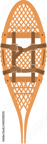 Traditional wooden snowshoe with leather bindings isolated on a white background for winter outdoor recreation and hiking