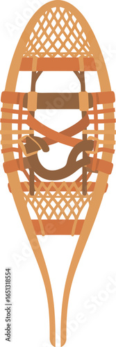 Traditional wooden snowshoe with rawhide lacing and leather straps isolated on a white background for winter outdoor activities