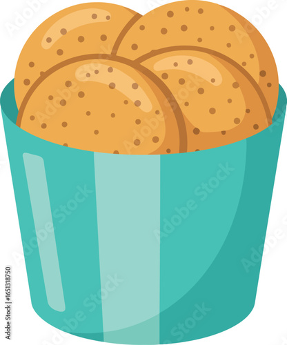 A teal blue bucket filled with delicious golden brown cookies or biscuits presented on a white background