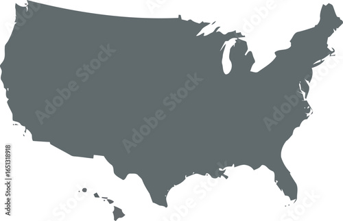 A simple clean silhouette of the contiguous united states of america in a solid gray color against a white background