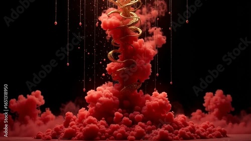Dynamic red smoke with gold spiral, abstract concept of energy and movement against black