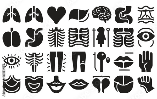A grid of simple black icons representing body organs and parts, including lungs, heart, brain, stomach, eyes, and bones, conveying a medical theme.