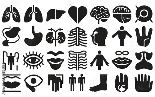 Black silhouettes depicting various human anatomy icons, like lungs, heart, brain, eye, and hand, arranged in a grid. The tone is educational and informative.