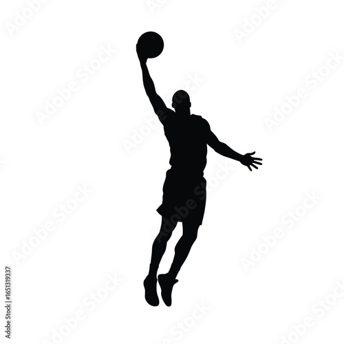 Black silhouette of basketball player dunking white