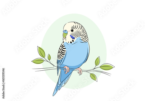 A charming blue and white budgerigar bird perches on a branch with green leaves