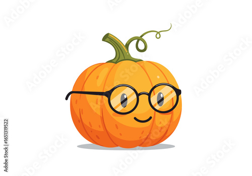 Cute cartoon pumpkin wearing glasses smiling happily against white background
