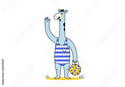 Cute blue giraffe in a striped swimsuit waving happily carrying a ball on a beach