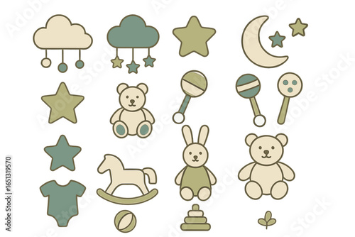 Cute vector illustration of toys and nursery elements for children