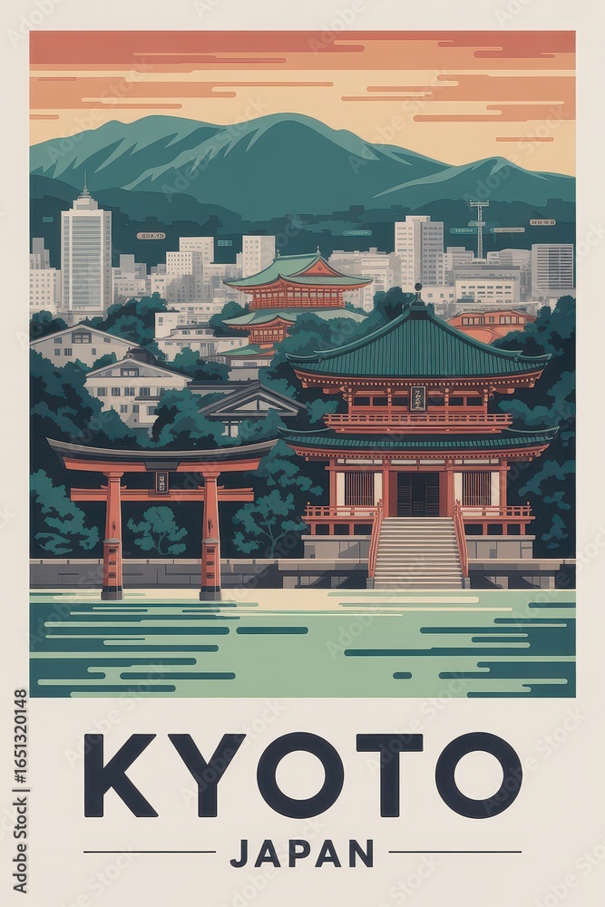 Obraz premium Vintage Travel Poster of Kyoto Japan Skyline 