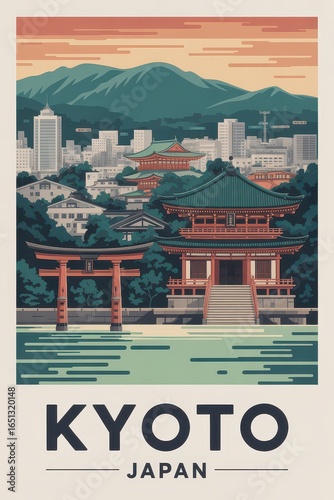 Vintage Travel Poster of Kyoto Japan Skyline  
