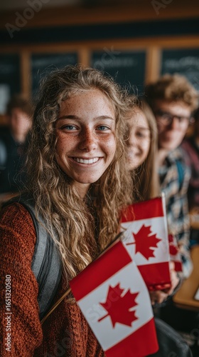 Students celebrate Canadian culture with flags during classroom activity in a school setting