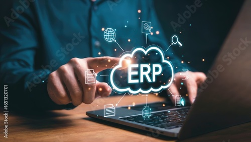 Business professional using ERP cloud technology for data analysis and digital transformation