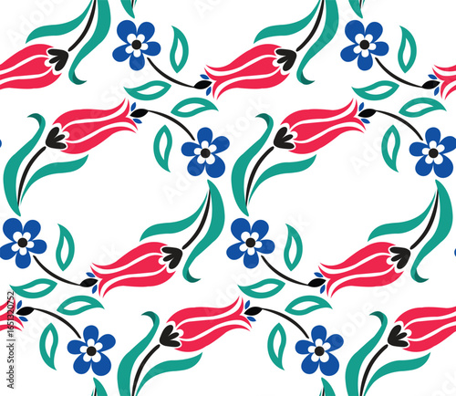 Turkish tulip and flowers seamless pattern design. Ottoman style.