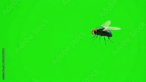 Dynamic fly in flight against vibrant green screen background for creative compositing