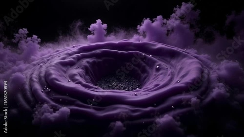 Abstract swirling purple vortex with water droplets and ethereal clouds, dark atmospheric concept