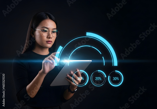 Woman interacting with futuristic data interface tablet