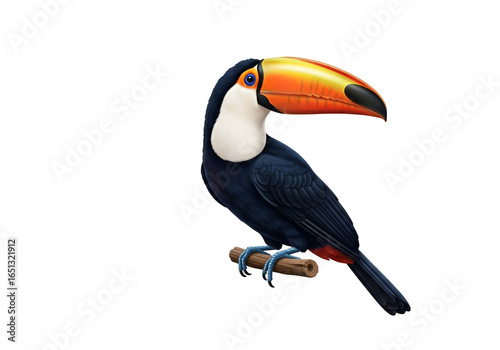 Detailed digital illustration of a colorful toucan perched on a branch against a black background