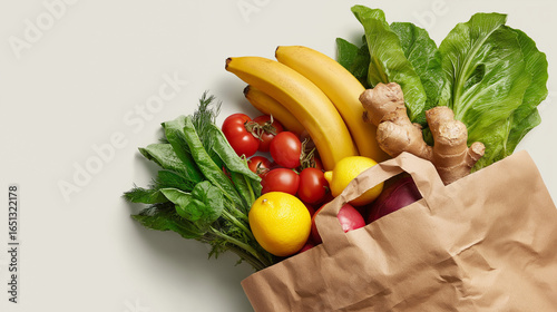 Essential groceries: a brown paper bag tipped over, revealing a selection of fresh and healthy items like bananas, lettuce, lemons, ginger, tomatoes, and other colorful fruits and vegetables arranged 
