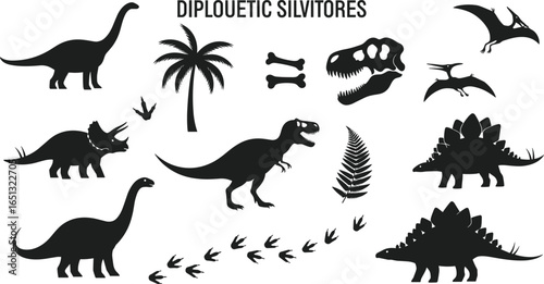 Vector silhouettes of various dinosaurs and prehistoric elements including fossils, footprints, and plants for educational, decorative, cultural, and scientific design projects