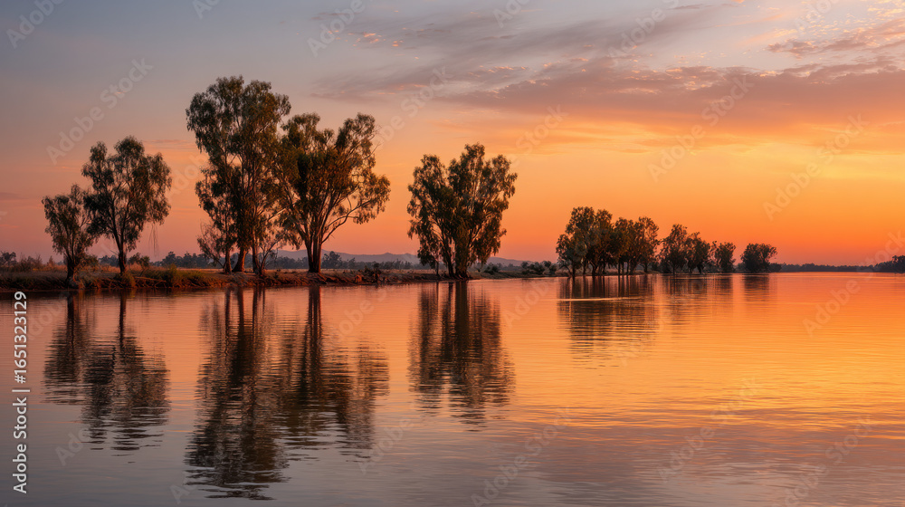 Obraz premium stunning sunset along riverbank where sun dips below horizon casting golden hues across water