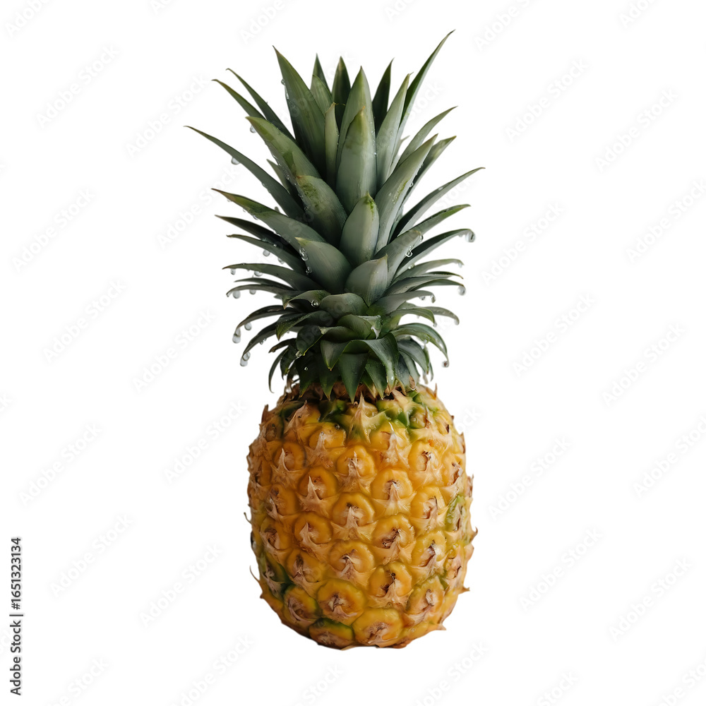 Fototapeta premium A whole fresh pineapple with green foliage isolated on transparent background, a vibrant and juicy tropical fruit