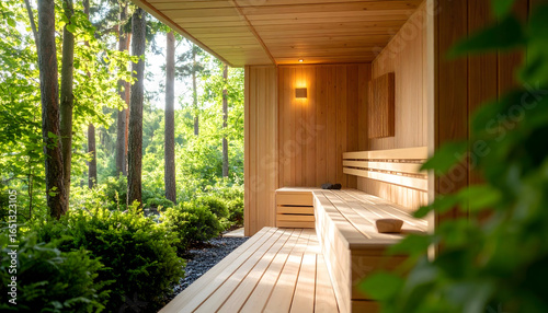 Wooden Sauna Interior with Green Forest View and Natural Light in Peaceful Setting