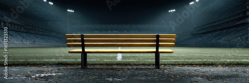 Empty bench sits in illuminated stadium during evening game day preparation