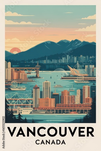 Vintage Travel Poster of Vancouver Canada Skyline  
