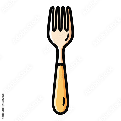 A colorful cartoon illustration of a dining fork with a yellow handle, isolated on a white background.