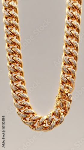 Shiny gold chain necklace adorned with diamonds displayed on a neutral background