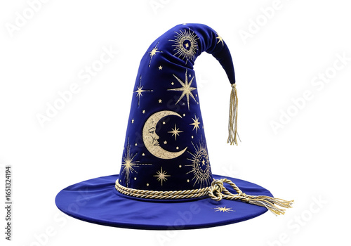 Elegant celestial-themed wizard hat with intricate star and moon patterns in deep blue fabric