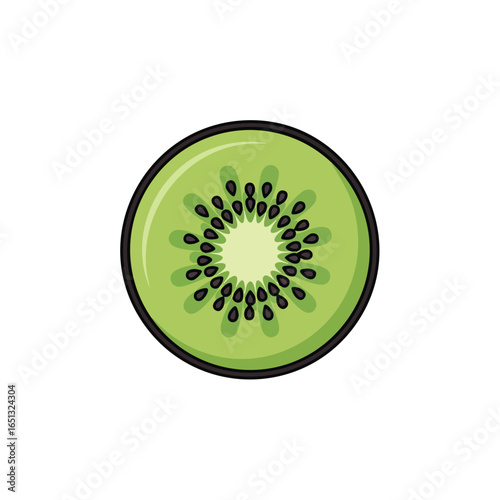 A simple, circular cartoon illustration of a green kiwi fruit slice, showing the black seeds and white core on a white background.