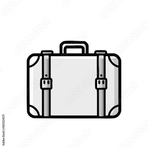 A classic silver travel suitcase with a handle and two vertical straps, depicted as a simple icon on a white background.