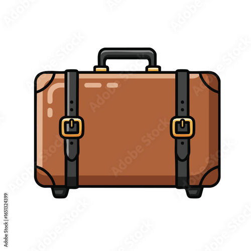 A classic brown travel suitcase with black straps and gold buckles, depicted in a simple cartoon illustration style.