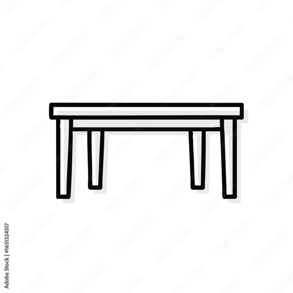 A simple black and white line art icon of a rectangular table with four legs, presented in a clean, minimalist style. A simple black and white line art icon of a rectangular table with four legs, presented in a clean, minimalist style.
