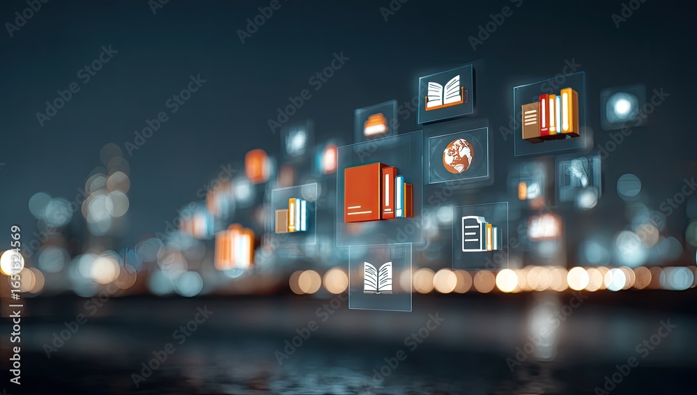 Fototapeta premium Abstract digital interface overlaying cityscape at night