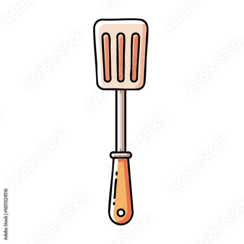 A simple cartoon illustration of a slotted kitchen spatula with a wooden handle, isolated on a white background.
