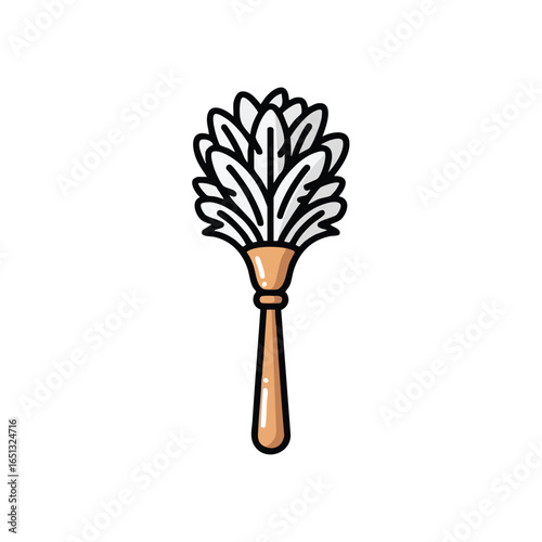 A simple cartoon illustration of a traditional feather duster with a wooden handle and white feathers, isolated on a white background.