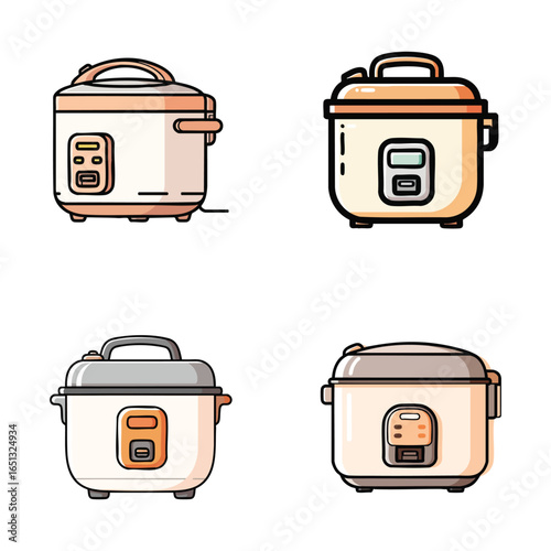 A set of four vector illustrations depicting various modern electric rice cookers, isolated on a white background.