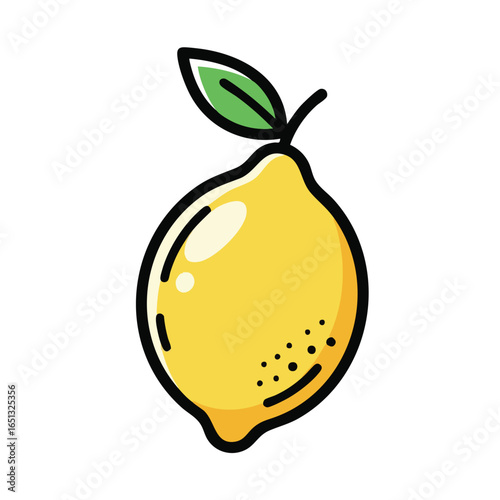A vibrant cartoon illustration of a whole yellow lemon with a single green leaf, depicted with a bold black outline.